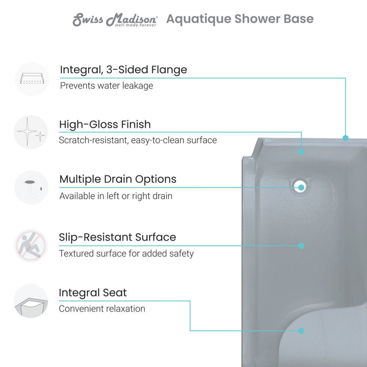 Aquatique 60" x 32" Single Threshold Shower Base With Right Hand Drain and Integral Left Hand Seat in Grey