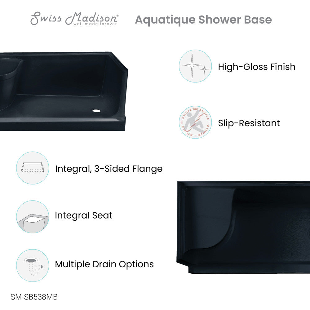 Aquatique 60" x 32" Right Drain, Shower Base in Matte Black