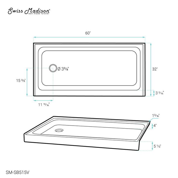 Voltaire 60" x 32" Single-Threshold, Left-Hand Drain, Shower Base in Biscuit