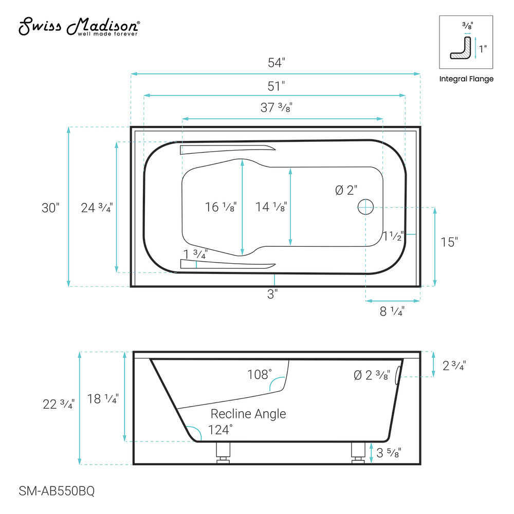 Voltaire 54" x 30" Right-Hand Drain Alcove Bathtub with Apron in Bisque