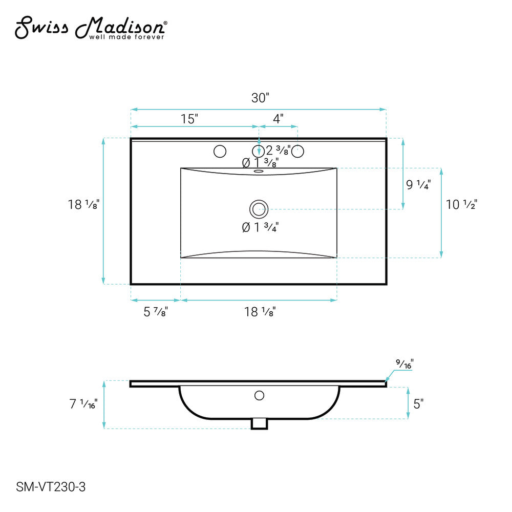 30" Vanity Top Bathroom Sink with 3 Holes
