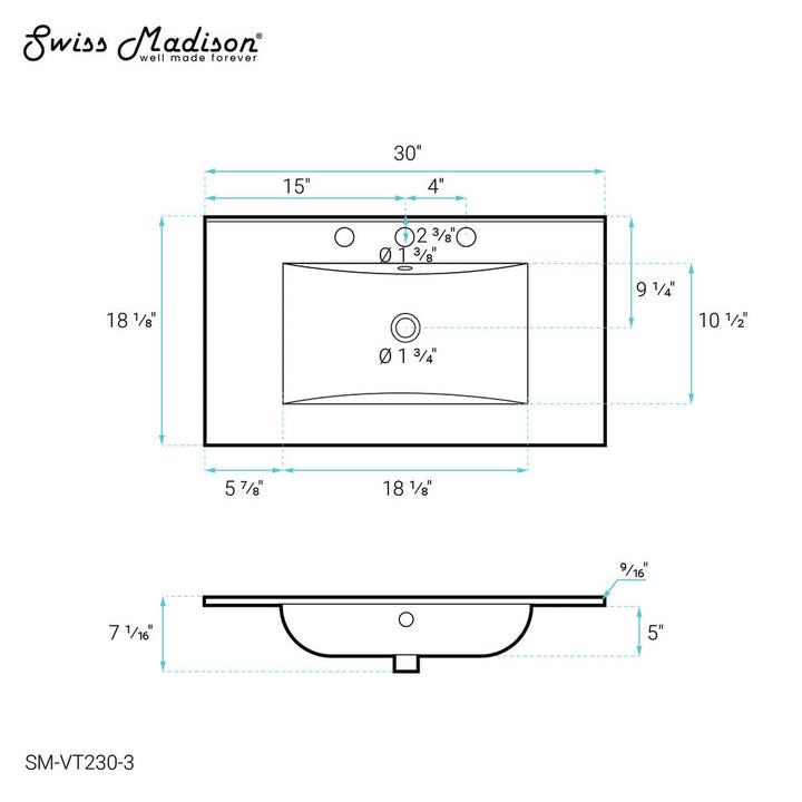 30" Vanity Top Bathroom Sink with 3 Holes
