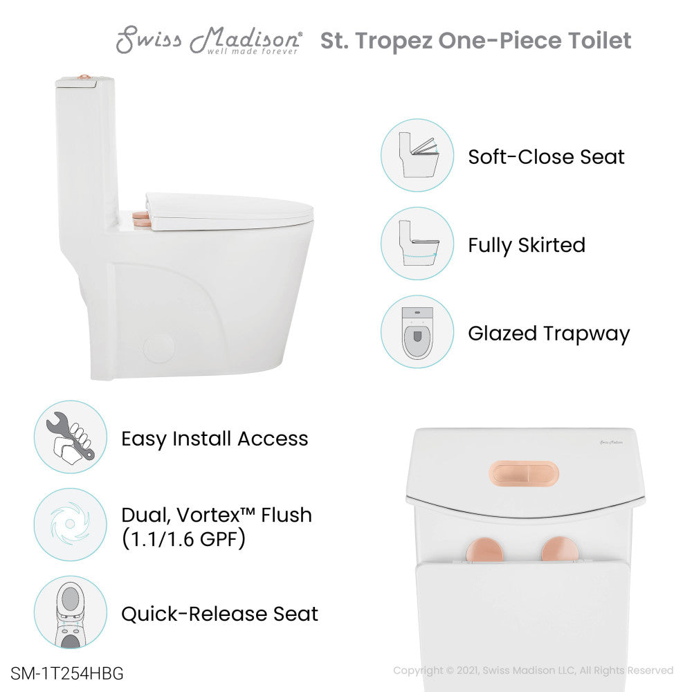 St. Tropez One Piece Elongated Toilet Dual Vortex™ Flush, Rose Gold Hardware