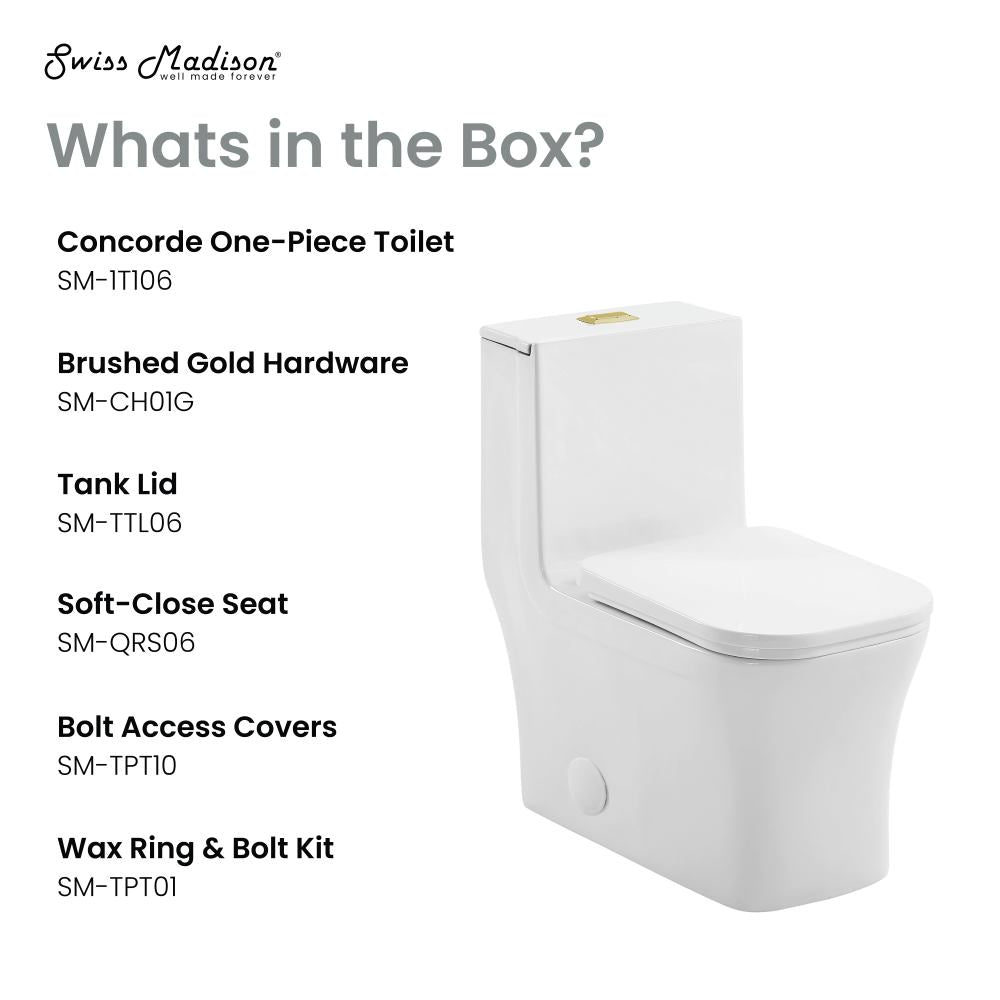 Concorde One Piece Square Toilet Dual Flush, Brushed Gold Hardware 1.1/1.6 gpf