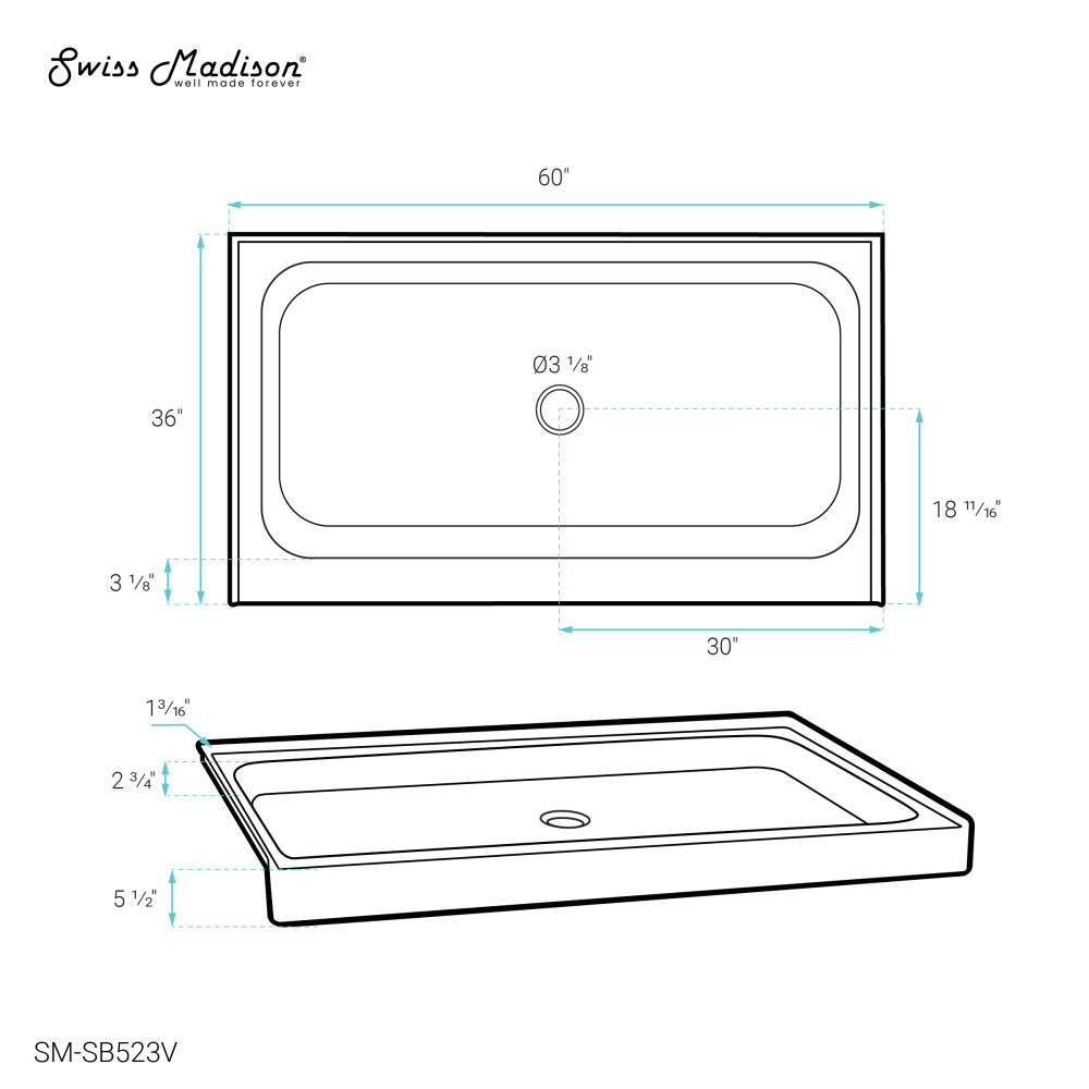 Voltaire 60" x 36" Single-Threshold, Center Drain, Shower Base in Biscuit