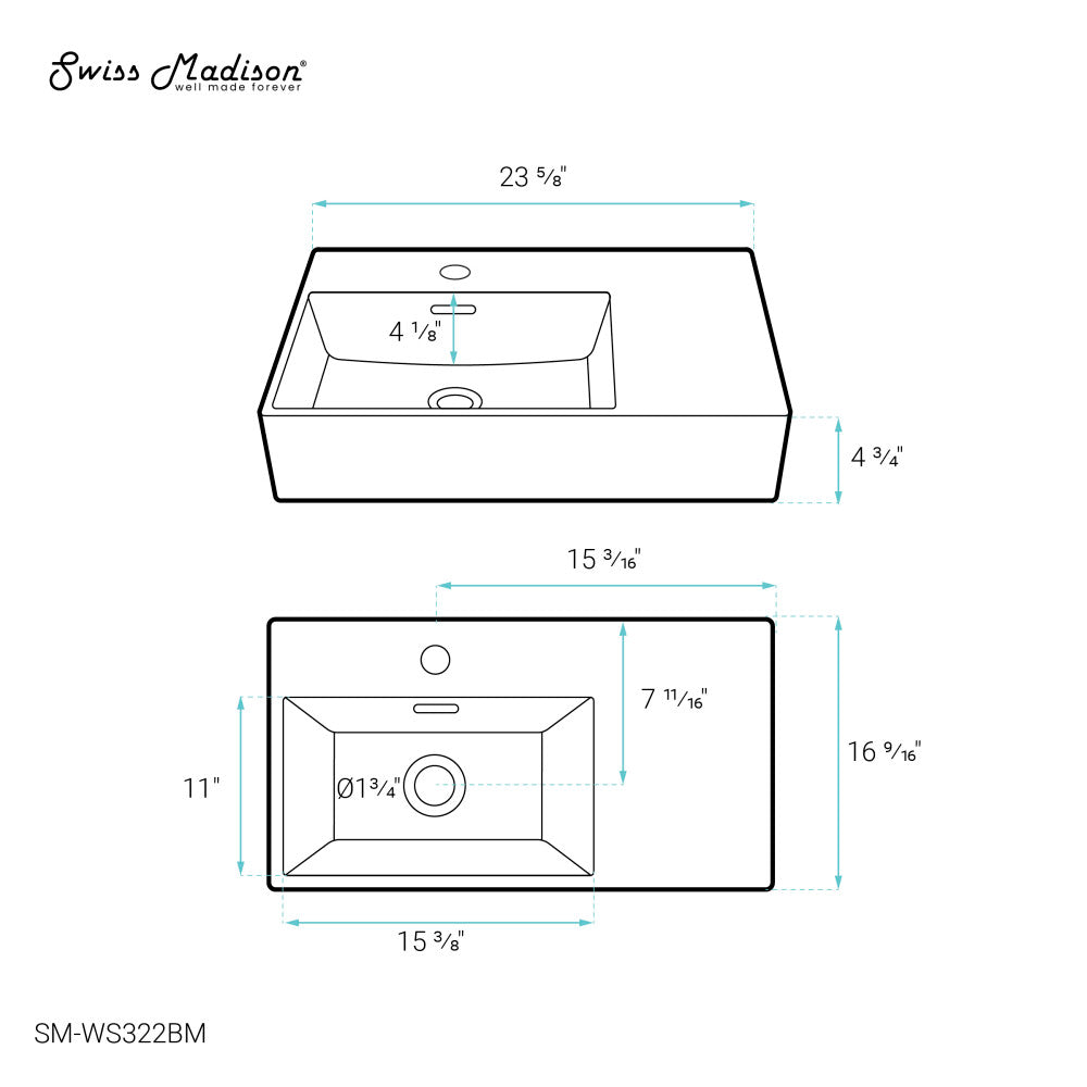 St. Tropez 24 x 18 Ceramic Wall Hung Sink with Left Side Faucet Mount, Matte Black