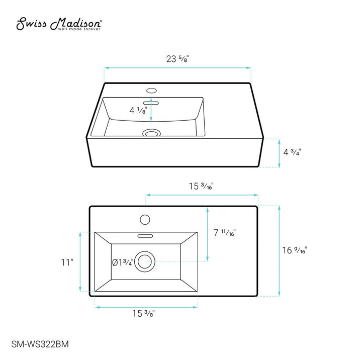St. Tropez 24 x 18 Ceramic Wall Hung Sink with Left Side Faucet Mount, Matte Black