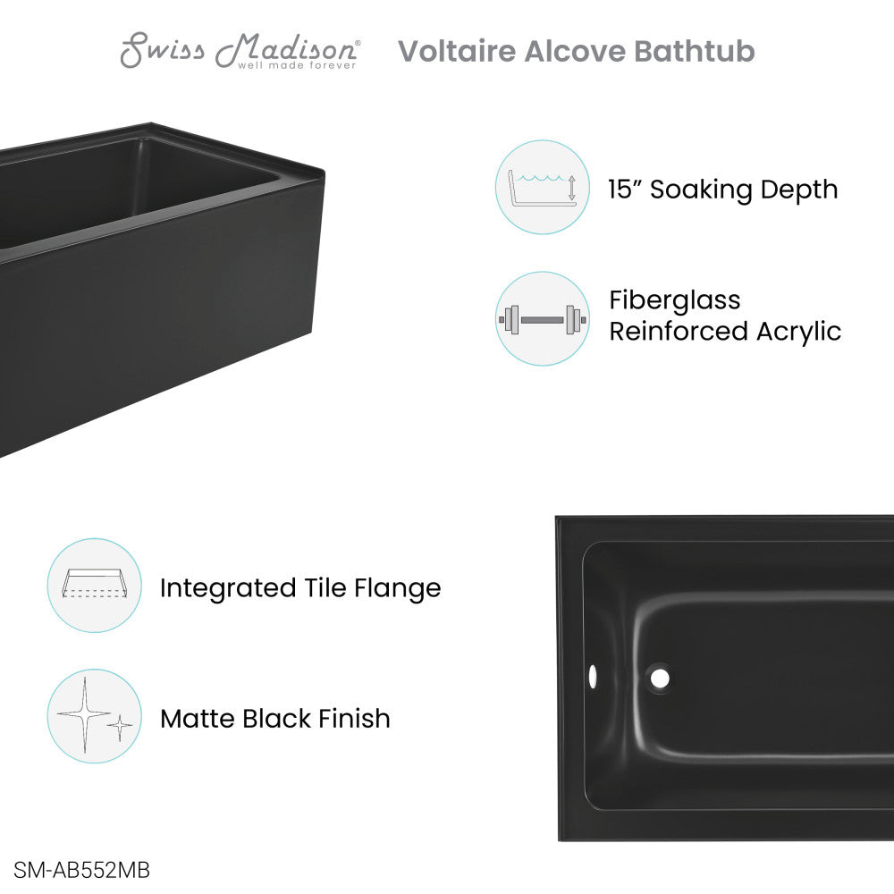 Voltaire 48" x 32" Left-Hand Drain Alcove Bathtub with Apron in Matte Black