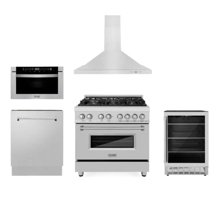 ZLINE 36" and 48" 5-Piece Kitchen Appliance Packages with Stainless Steel Dual Fuel Range, Range Hood, Microwave Drawer, Tall Tub Dishwasher, and Wine Cooler