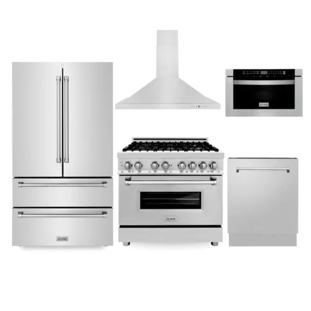 ZLINE 5-Piece Kitchen Appliance Packages with Dual Fuel Range, Convertible Vent Wall Mount Range Hood, Microwave Drawer, Tall Tub Dishwasher, and French Door Refrigerator