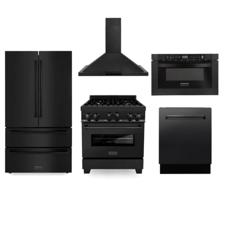 ZLINE 5-Piece Kitchen Appliance Packages with Black Stainless Steel Gas Range, Convertible Vent Wall Mount Range Hood, Microwave Drawer, Tall Tub Dishwasher, and French Door Refrigerator