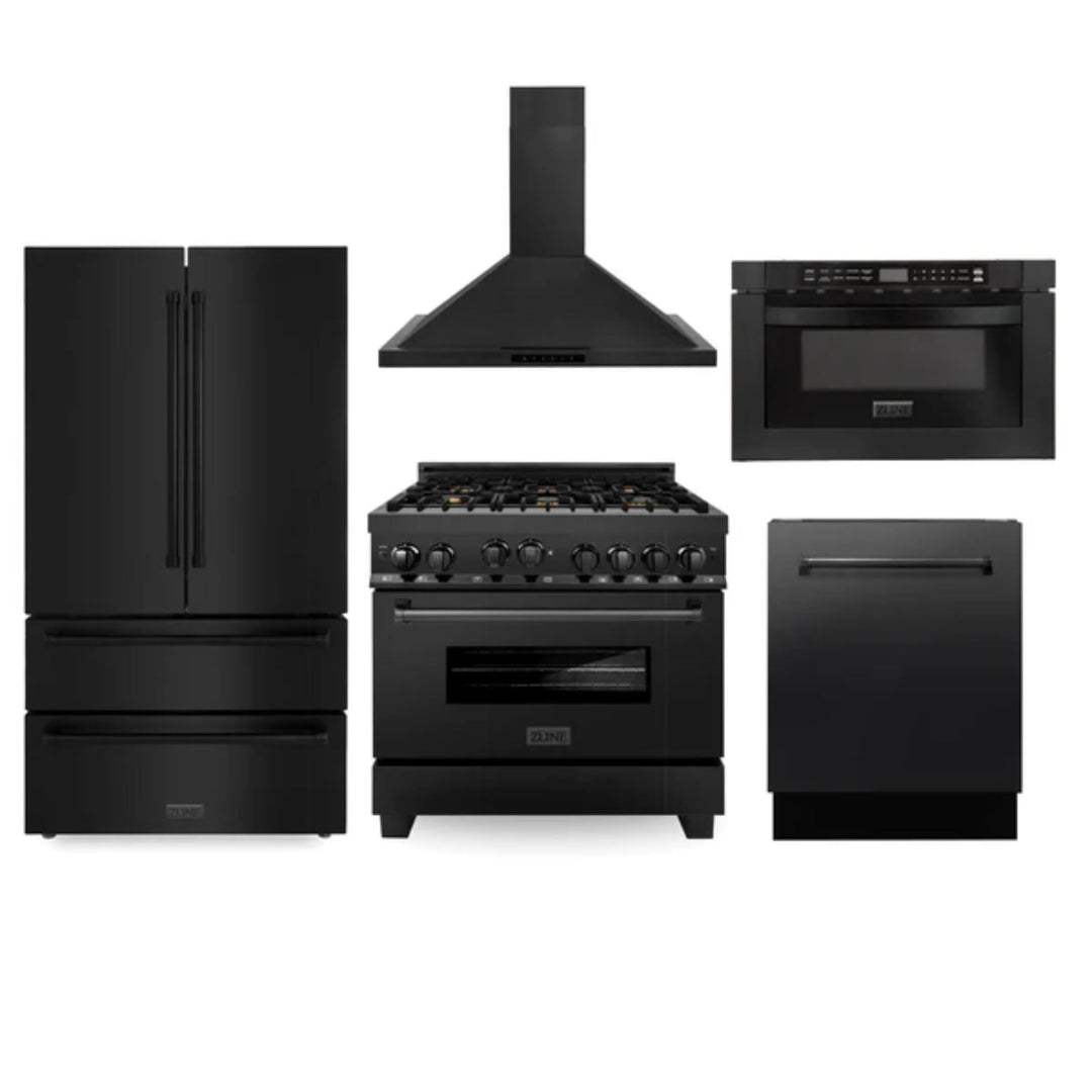 ZLINE 5-Piece Kitchen Appliance Packages with Black Stainless Steel Gas Range, Convertible Vent Wall Mount Range Hood, Microwave Drawer, Tall Tub Dishwasher, and French Door Refrigerator