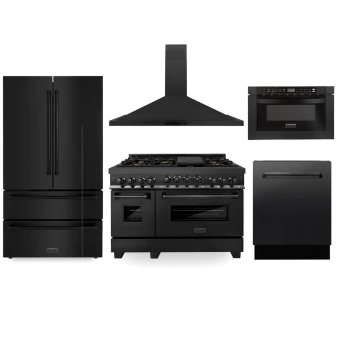 ZLINE 5-Piece Kitchen Appliance Packages with Black Stainless Steel Gas Range, Convertible Vent Wall Mount Range Hood, Microwave Drawer, Tall Tub Dishwasher, and French Door Refrigerator