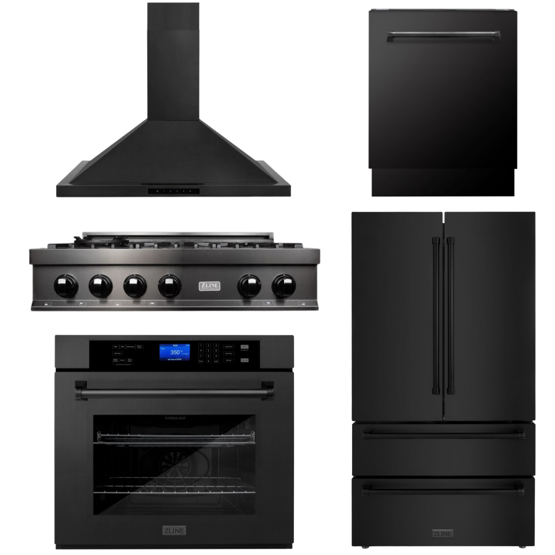 ZLINE Package - 36" Gas Rangetop, Range Hood, Refrigerator, Dishwasher, Wall Oven in Black Stainless