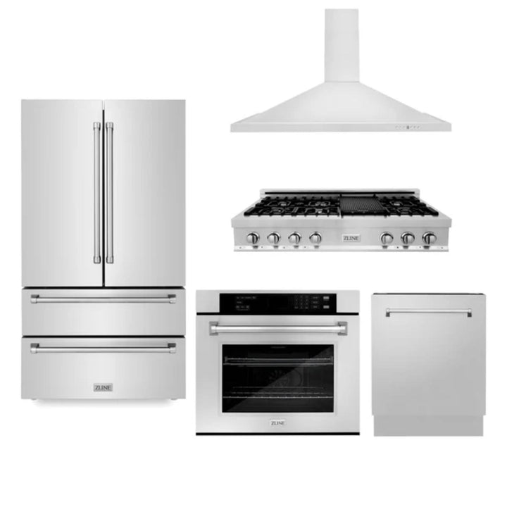 ZLINE 5-Piece Kitchen Appliance Package – 36" or 48" Stainless Steel Rangetop, Refrigerator, Double Wall Oven, Convertible Range Hood, and 24" Tall Tub Dishwasher