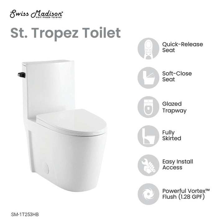 St. Tropez One Piece Elongated Toilet Side Flush 1.28 gpf with Black Hardware