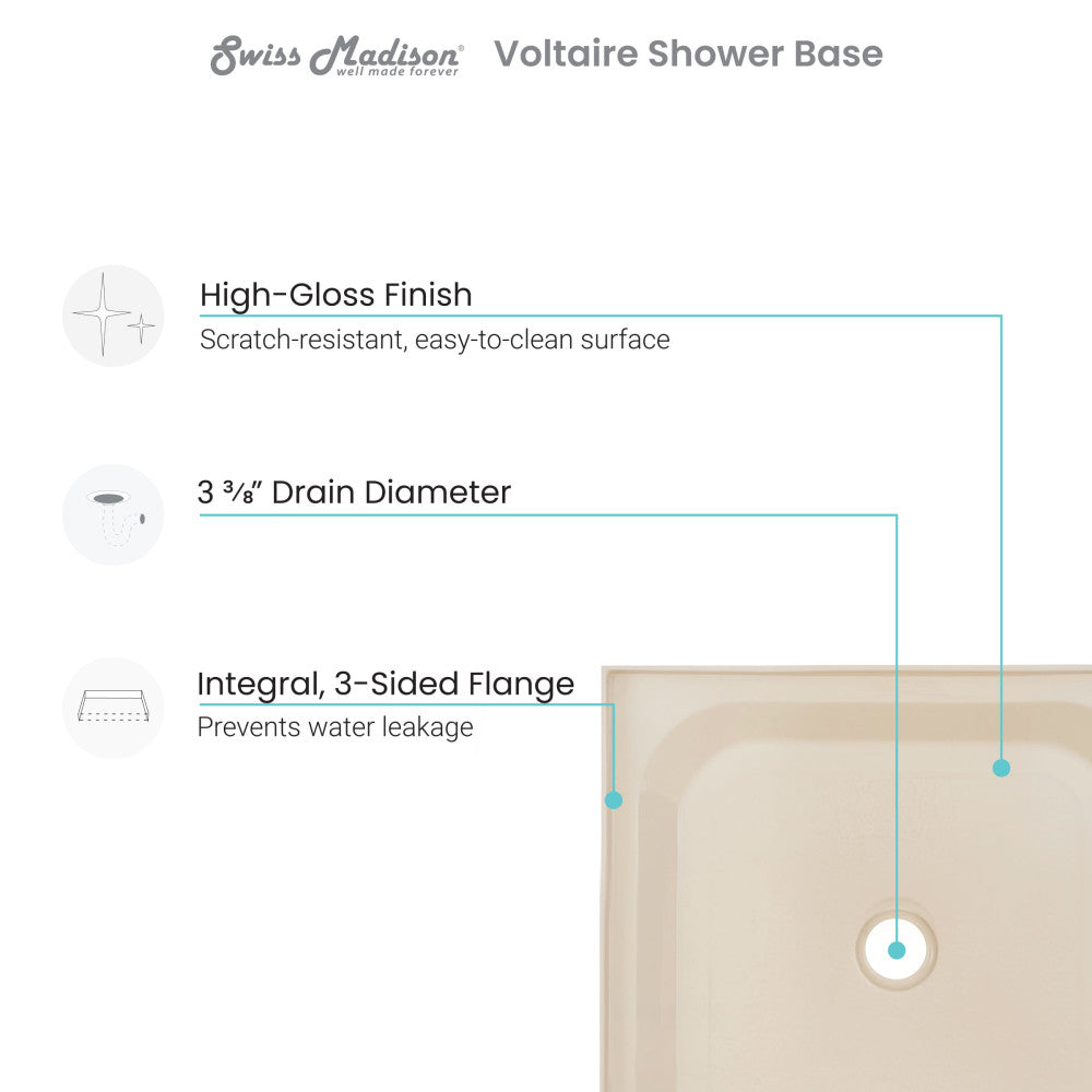 Voltaire 60" x 30" Single-Threshold, Center Drain, Shower Base in Biscuit