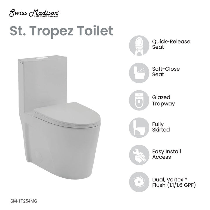 St. Tropez One-Piece Elongated Toilet Vortex™ Dual-Flush 1.1/1.6 gpf in Matte Grey
