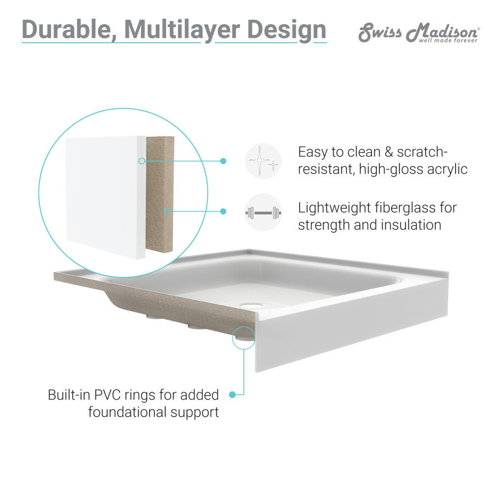 Voltaire 60" x 32" Acrylic White, Single-Threshold, Center Drain, Shower Base