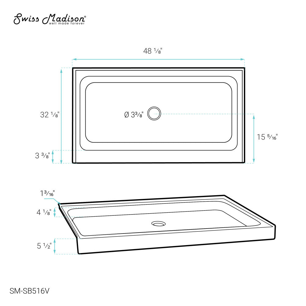 Voltaire 48" x 32" Single-Threshold, Center Drain, Shower Base in Biscuit
