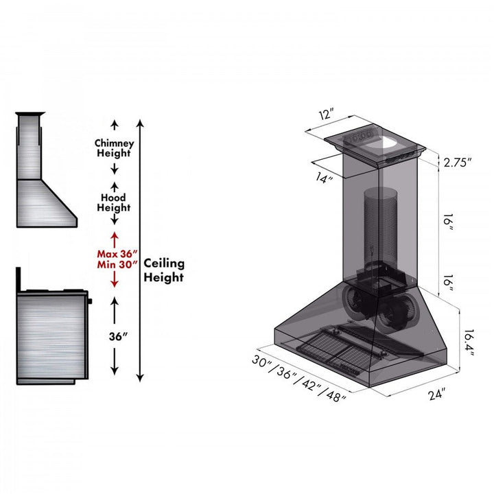 ZLINE 48 in. Stainless Steel Wall Range Hood with Built-in CrownSound® Bluetooth Speakers, 667CRN-BT-48