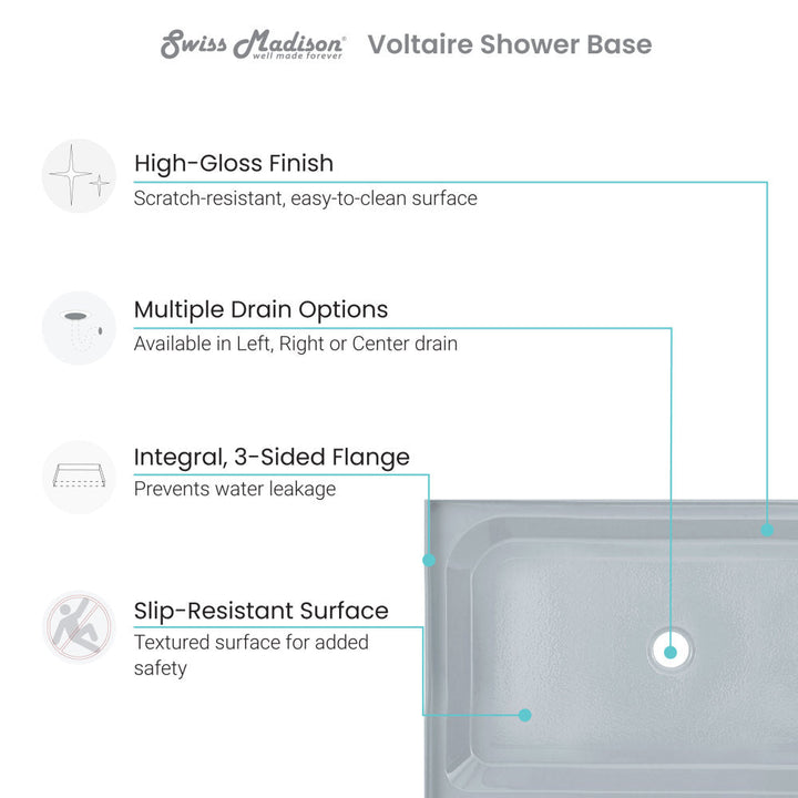 Voltaire 48" x 36" Single-Threshold, Center Drain, Shower Base in Grey