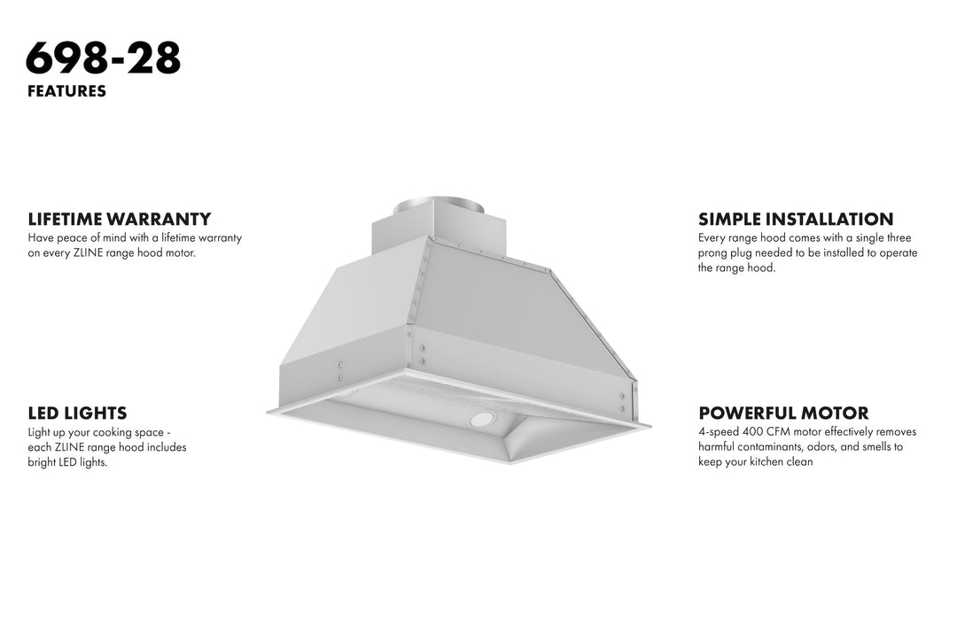 ZLINE 28 in. Width Wall Mount Range Hood Insert (18 in. Depth), 698-28