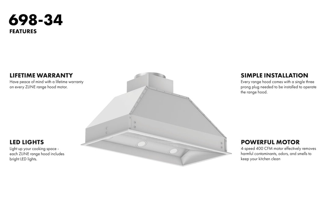 ZLINE 34 in. Width Outdoor Wall Mount Range Hood Insert (18 in. Depth), 698-304-34