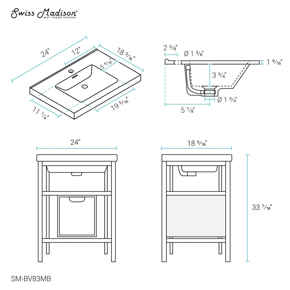 Ivy 24" Freestanding Bathroom Vanity in Glossy White with Matte Black Frame