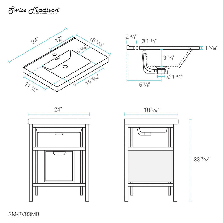 Ivy 24" Freestanding Bathroom Vanity in Glossy White with Matte Black Frame