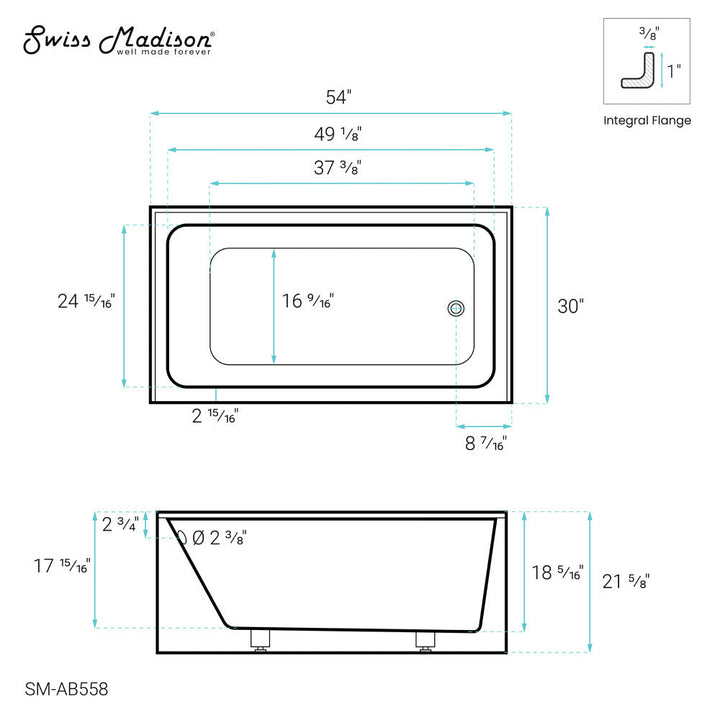 Voltaire 54" x 30" Right-Hand Drain Alcove Bathtub with Apron