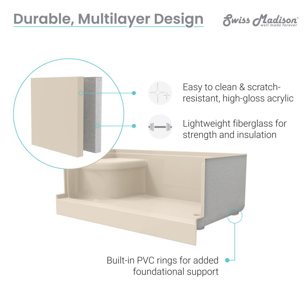 Aquatique 60" x 32" Single Threshold Shower Base With Right Hand Drain and Integral Left Hand Seat in Biscuit