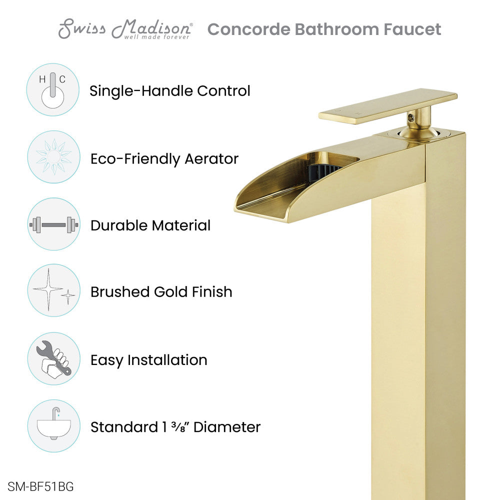 Concorde Single Hole, Single-Handle, High Arc Waterfall, Bathroom Faucet in Brushed Gold