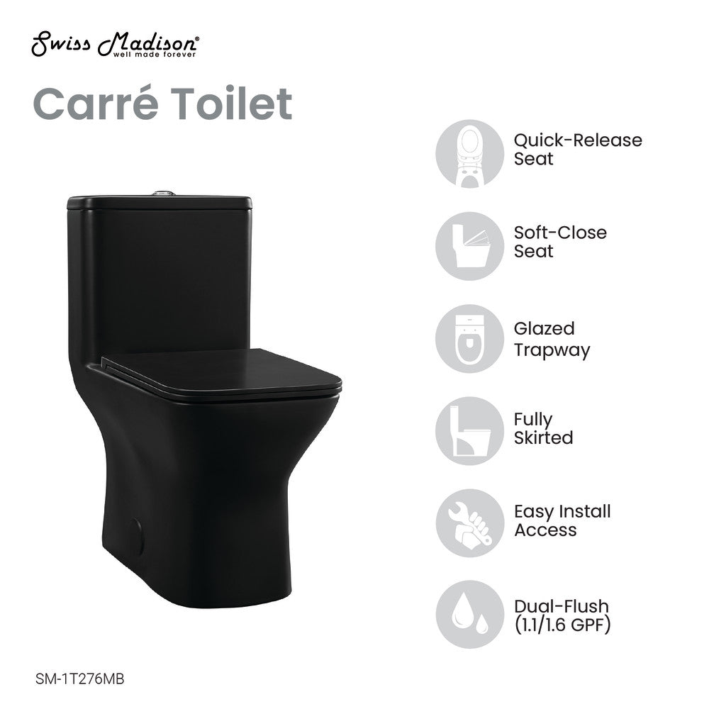 Carre One Piece Square Toilet Dual Flush 1.1/1.6 gpf with 10" Rough-In, Matte Black