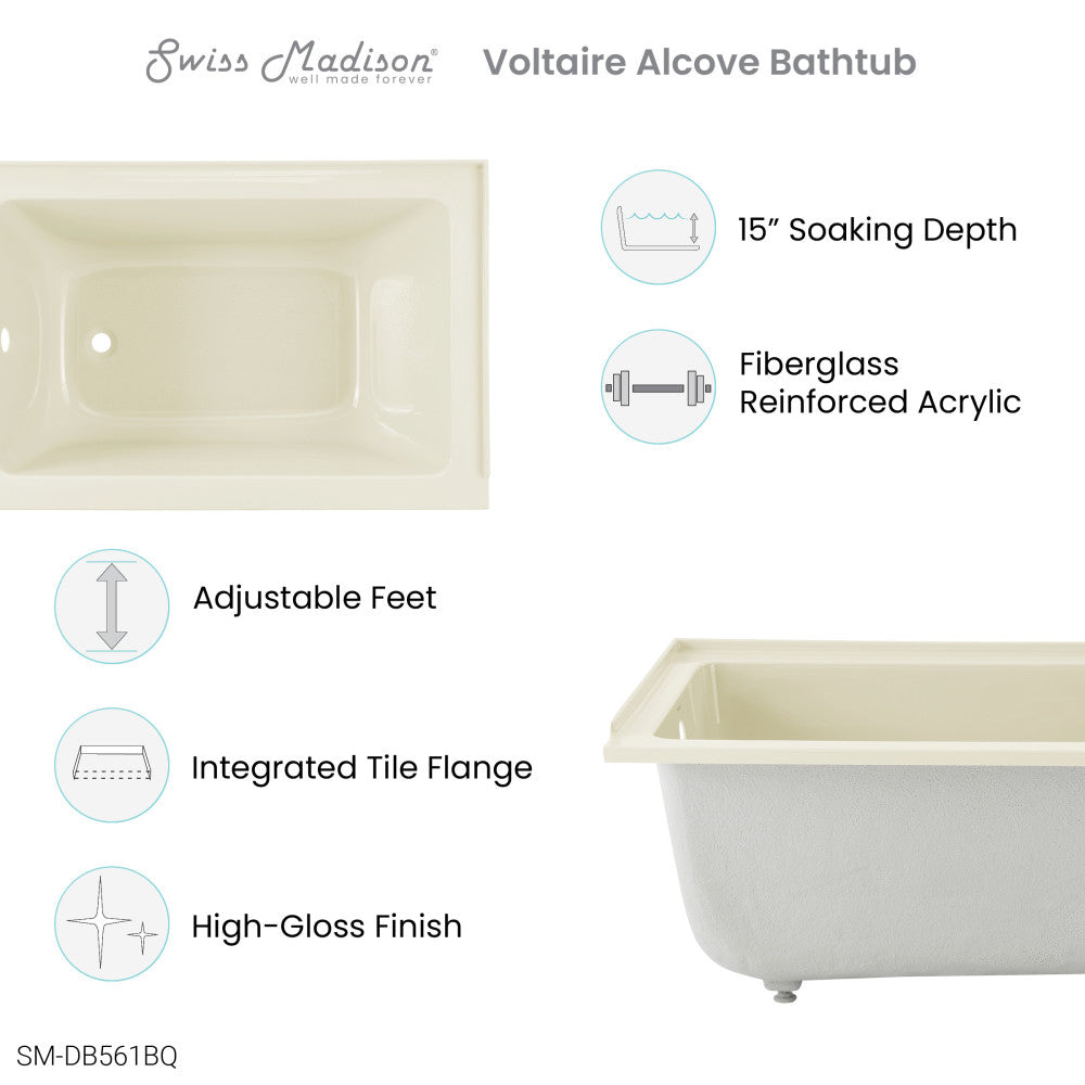 Voltaire 48" x 32" Left-Hand Drain Alcove Bathtub in Bisque