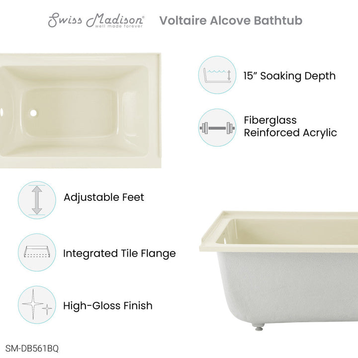 Voltaire 48" x 32" Left-Hand Drain Alcove Bathtub in Bisque