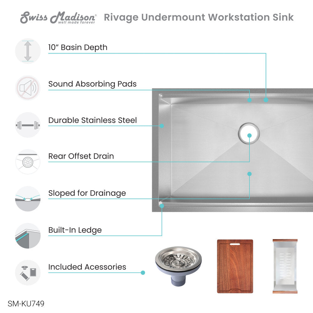 Rivage 32 x 19 Single Basin Undermount Kitchen Workstation Sink