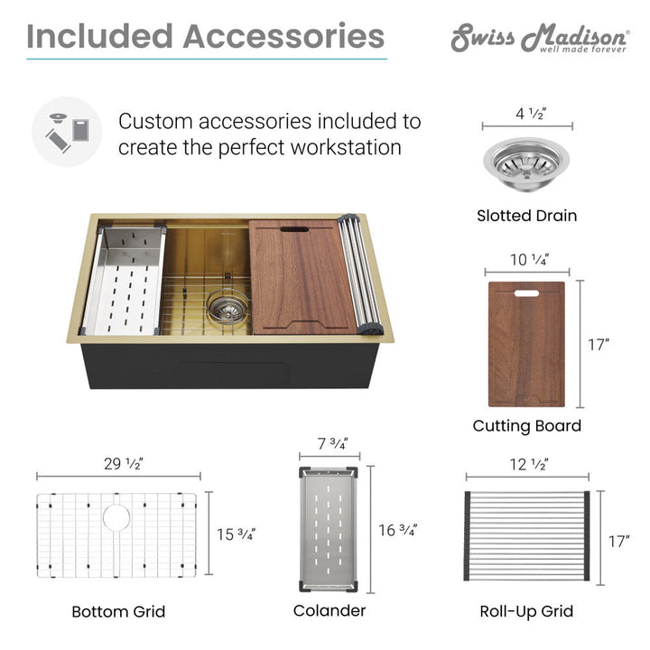 Tourner 32 x 19 Stainless Steel, Single Basin, Undermount Kitchen Workstation Sink in Gold