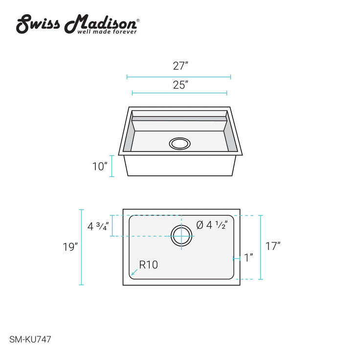 Rivage 27 x 19 Single Basin Undermount Kitchen Workstation Sink