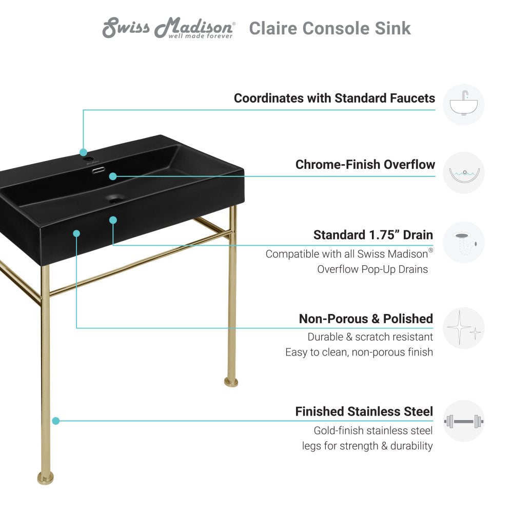 Claire 30 Ceramic Console Sink Matte Black Basin Gold Legs