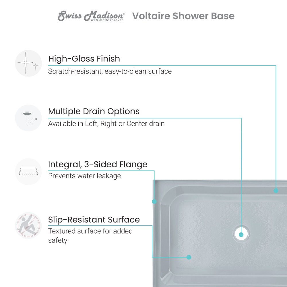 Voltaire 60" x 36" Single-Threshold, Center Drain, Shower Base in Grey