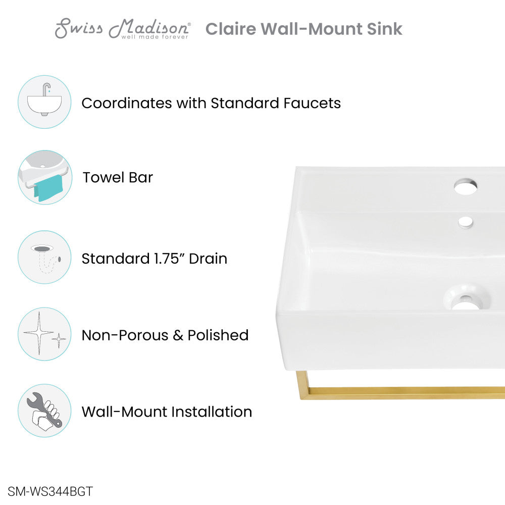 Claire 22" Wall-Mount Bathroom Sink with Brushed Gold Towel Bar