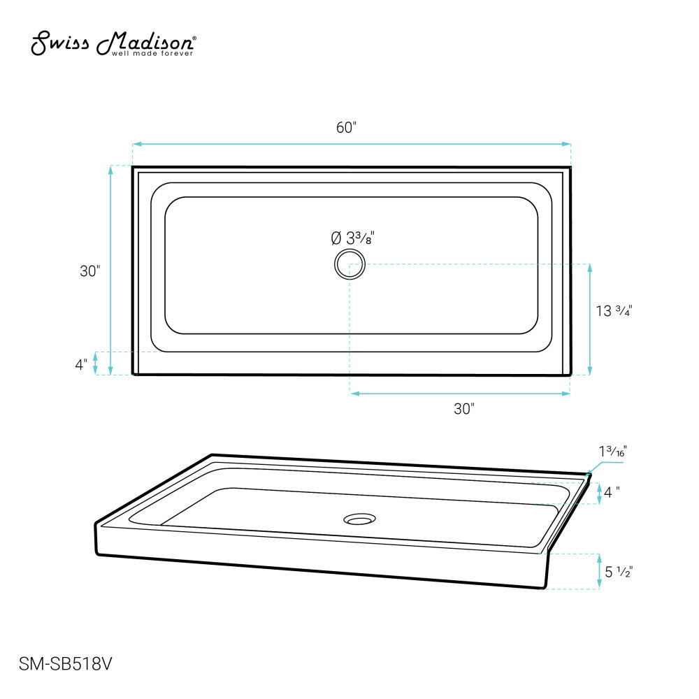 Voltaire 60" x 30" Single-Threshold, Center Drain, Shower Base in Biscuit