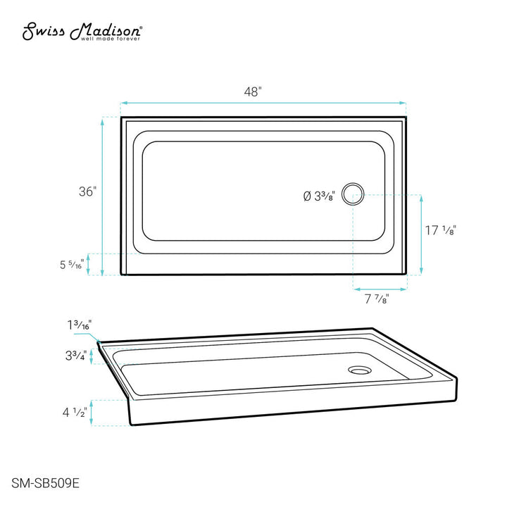 Voltaire 48" x 36" Single-Threshold, Right-Hand Drain, Shower Base in Grey