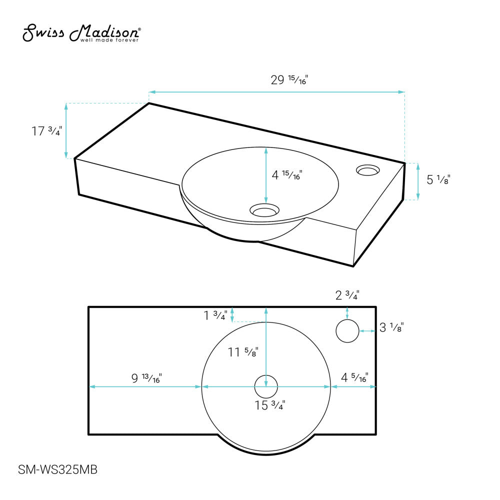 Chateau 30" Right Side Faucet Wall-Mount Bathroom Sink in Matte Black