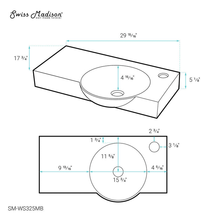 Chateau 30" Right Side Faucet Wall-Mount Bathroom Sink in Matte Black
