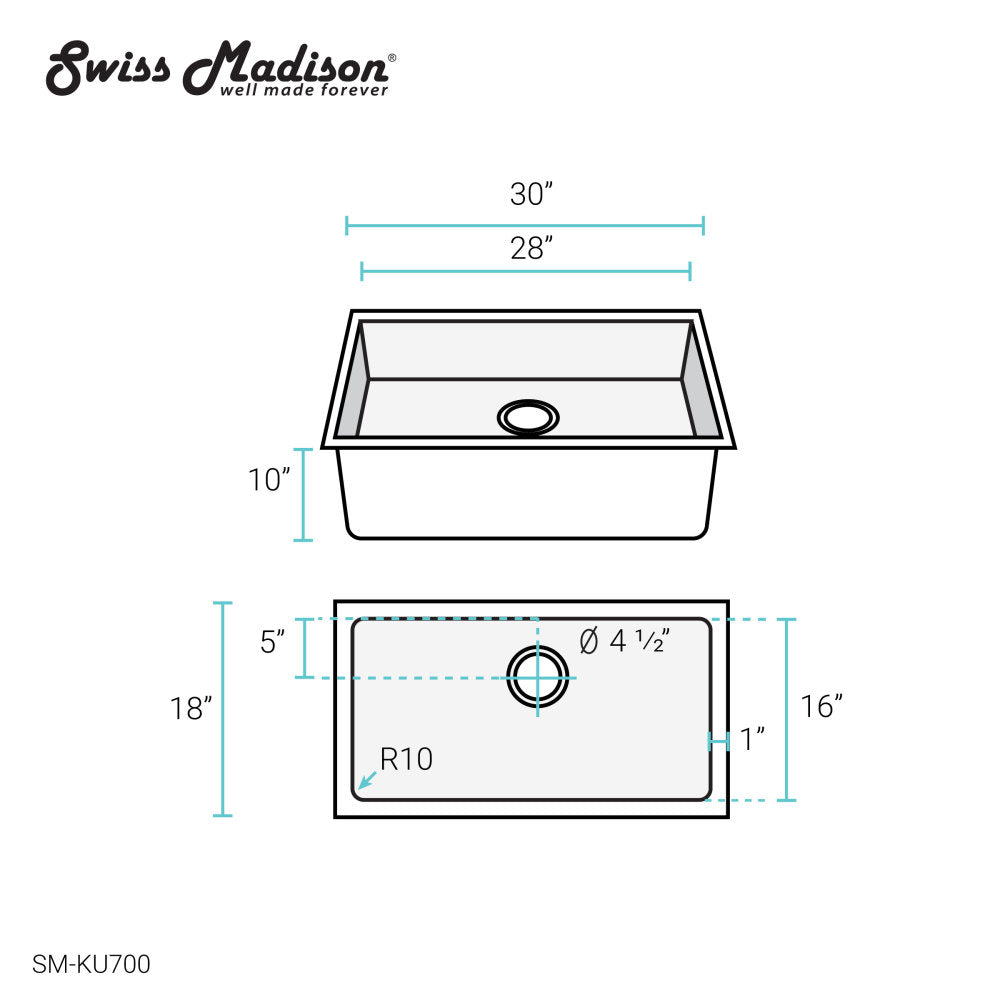 Rivage 30 x 18 Stainless Steel, Single Basin, Undermount Kitchen Sink