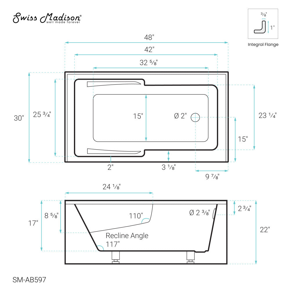 Voltaire 48" x 30" Right-Hand Drain Alcove Integrated Armrest Bathtub with Apron