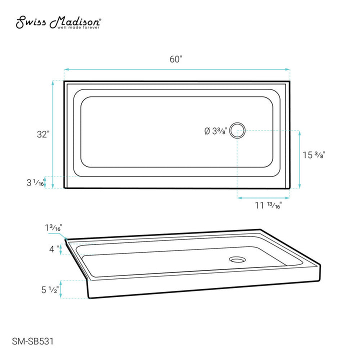 Voltaire 60" x 32" Acrylic Black, Single-Threshold, Right-Hand Drain, Shower Base