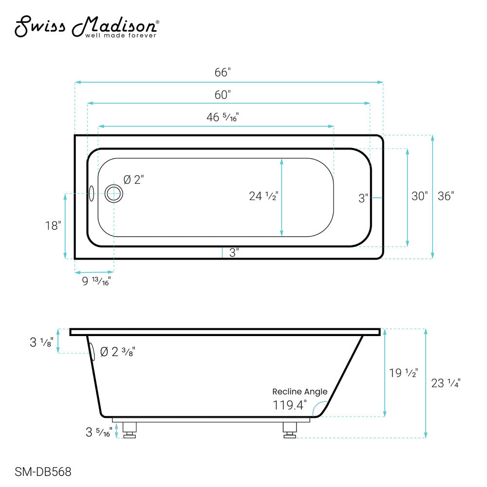 Voltaire 66" x 36" Reversible Drain Drop-In Bathtub